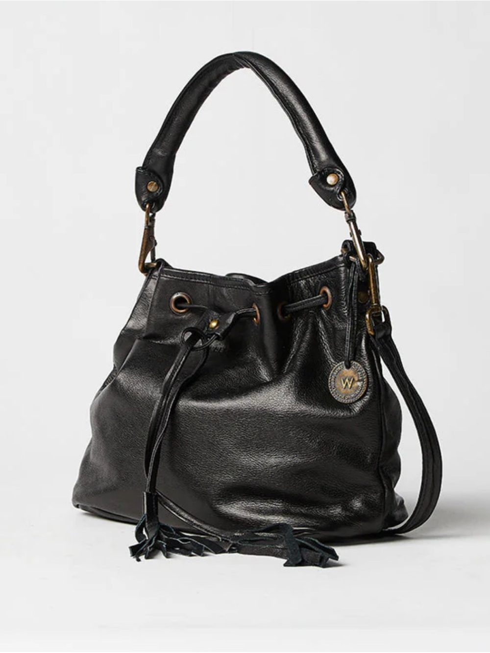 Black Leather Drawstring Shoulder Bag - Picture 2 of 9
